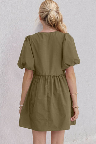 Oh Bow Ruched Puff Sleeve Mini Dress - Just Believe Boutique