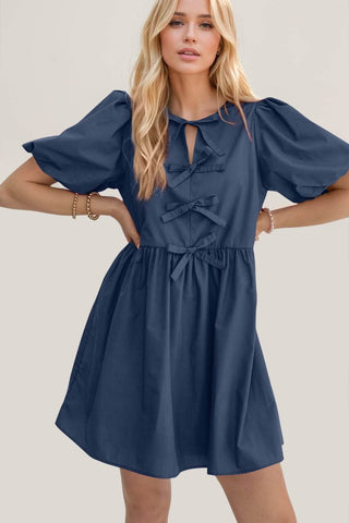 Oh Bow Ruched Puff Sleeve Mini Dress - Just Believe Boutique