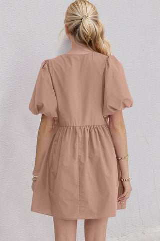 Oh Bow Ruched Puff Sleeve Mini Dress - Just Believe Boutique