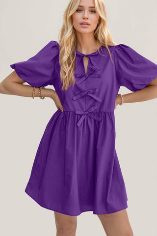 Oh Bow Ruched Puff Sleeve Mini Dress - Just Believe Boutique