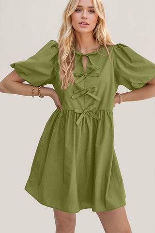Oh Bow Ruched Puff Sleeve Mini Dress - Just Believe Boutique