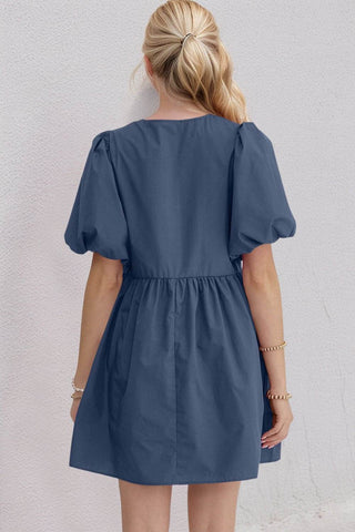 Oh Bow Ruched Puff Sleeve Mini Dress - Just Believe Boutique