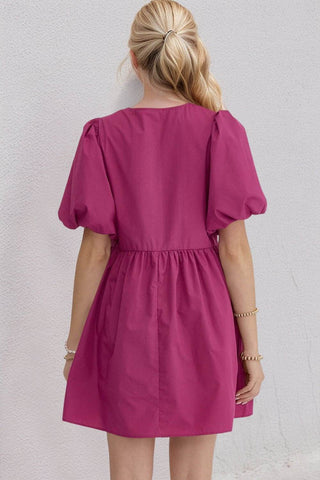 Oh Bow Ruched Puff Sleeve Mini Dress - Just Believe Boutique