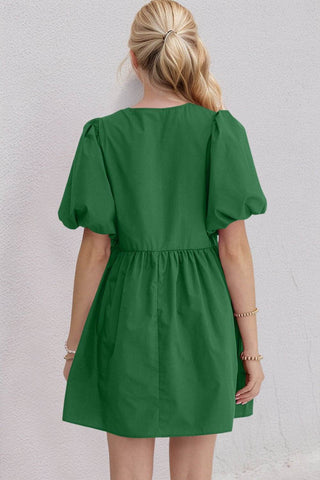 Oh Bow Ruched Puff Sleeve Mini Dress - Just Believe Boutique
