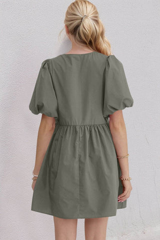 Oh Bow Ruched Puff Sleeve Mini Dress - Just Believe Boutique