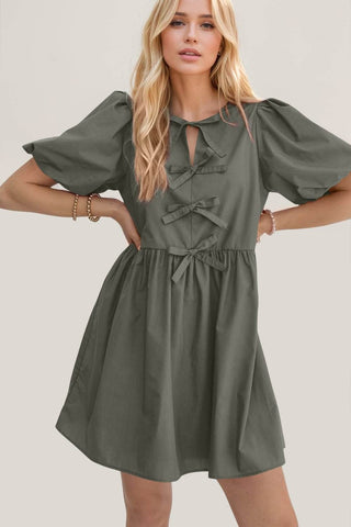 Oh Bow Ruched Puff Sleeve Mini Dress - Just Believe Boutique