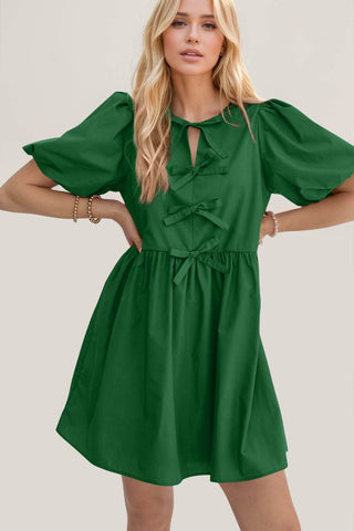 Oh Bow Ruched Puff Sleeve Mini Dress - Just Believe Boutique