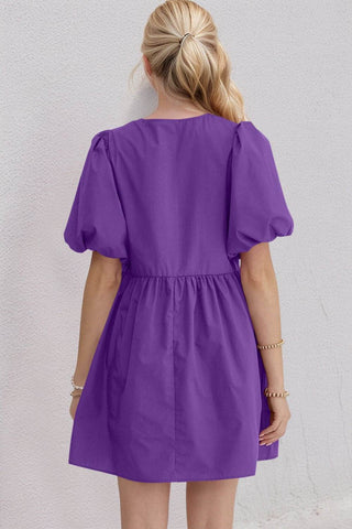 Oh Bow Ruched Puff Sleeve Mini Dress - Just Believe Boutique