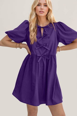 Oh Bow Ruched Puff Sleeve Mini Dress - Just Believe Boutique