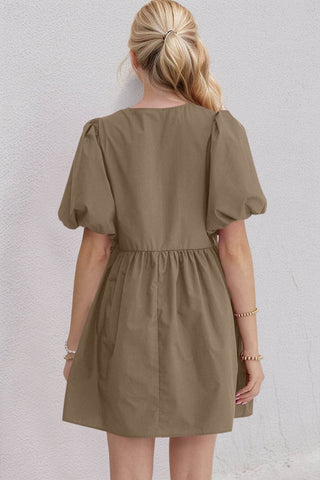 Oh Bow Ruched Puff Sleeve Mini Dress - Just Believe Boutique