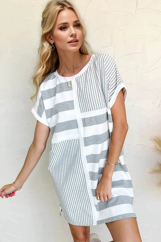 Oh Full Size Striped Round Neck Short Sleeve Mini Tee Dress - Just Believe Boutique