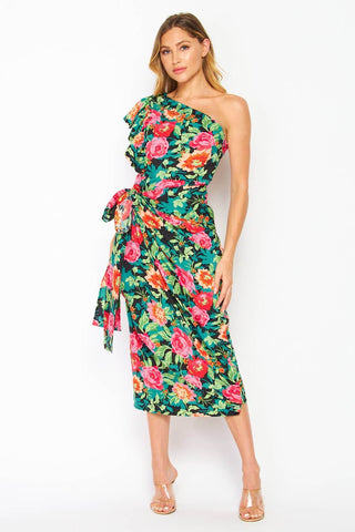 One Shoulder Floral Print Dress - Just Believe Boutique