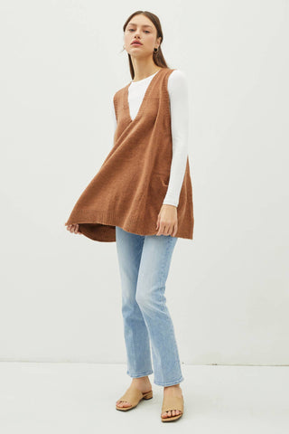 OVERSIZE V - NECK LONG SOFT SWEATER VEST W. POCKETS - Just Believe Boutique