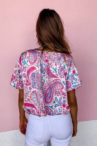 Paisley Pattern Print Puff Sleeve V Neck Blouse - Just Believe Boutique