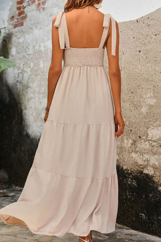 Perfee Tie Shoulder Smocked Tiered Dress - Just Believe Boutique