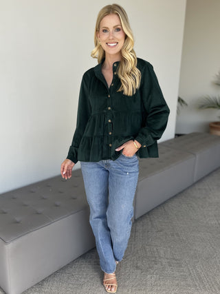 Pinwale Corduroy Top – Green – model photo