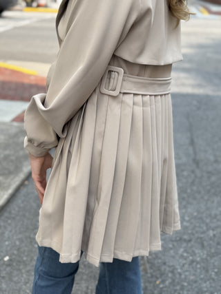 Pleated Trench Dress – Cream – model photo