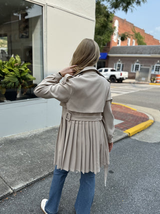 Pleated Trench Dress – Cream – model photo
