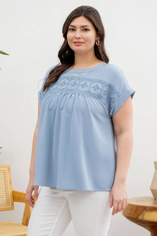PLUS FLORAL EYELET LACE TOP: BLUE - Just Believe Boutique