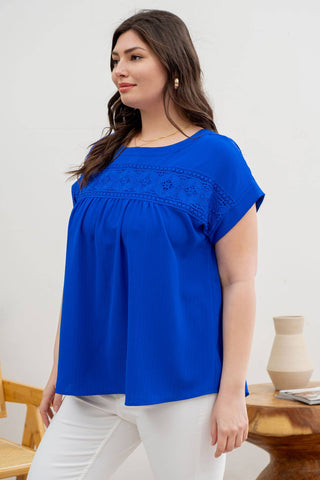 PLUS FLORAL EYELET LACE TOP: BLUE - Just Believe Boutique