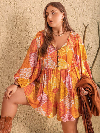 Plus Size Floral Tie Neck Balloon Sleeve Romper - Just Believe Boutique