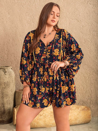 Plus Size Floral Tie Neck Balloon Sleeve Romper - Just Believe Boutique