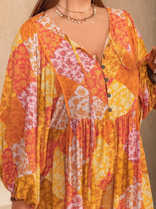 Plus Size Floral Tie Neck Balloon Sleeve Romper - Just Believe Boutique