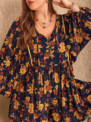 Plus Size Floral Tie Neck Balloon Sleeve Romper - Just Believe Boutique