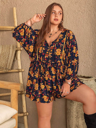 Plus Size Floral Tie Neck Balloon Sleeve Romper - Just Believe Boutique