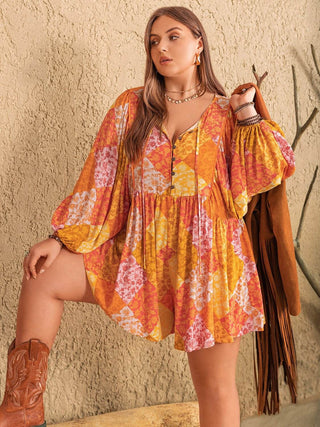 Plus Size Floral Tie Neck Balloon Sleeve Romper - Just Believe Boutique