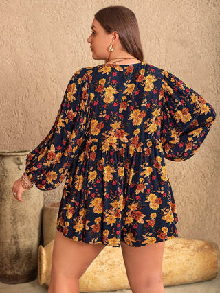 Plus Size Floral Tie Neck Balloon Sleeve Romper - Just Believe Boutique