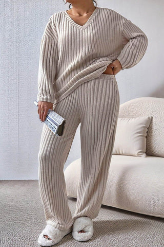 Plus Size Ribbed V-Neck Drop Shoulder Top and Pants Set - Just Believe Boutique