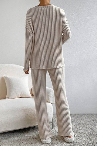 Plus Size Ribbed V-Neck Drop Shoulder Top and Pants Set - Just Believe Boutique