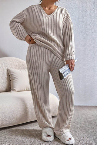 Plus Size Ribbed V-Neck Drop Shoulder Top and Pants Set - Just Believe Boutique