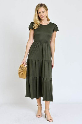 Plus Size Solid Flutter Sleeve Tiered Tea Length Dress - Just Believe Boutique