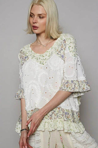 POL Floral Print Eyelet Ruffled Hem Blouse - Just Believe Boutique
