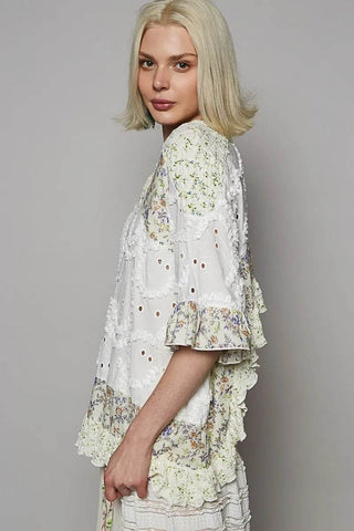 POL Floral Print Eyelet Ruffled Hem Blouse - Just Believe Boutique