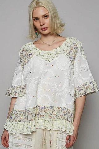 POL Floral Print Eyelet Ruffled Hem Blouse - Just Believe Boutique