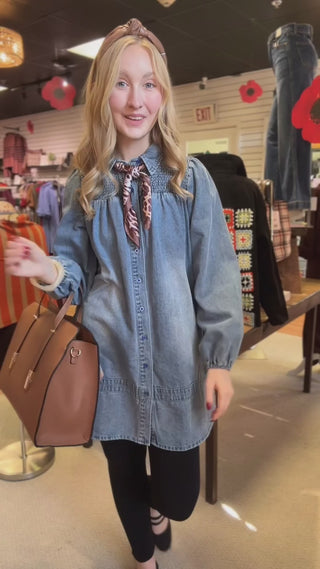 Denim Smocked Accent Dress – Light Wash – video