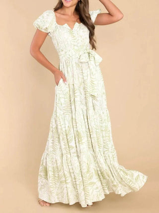 Printed Puff Sleeve Maxi Dress - Just Believe Boutique