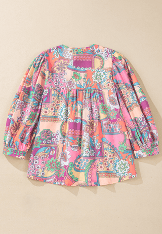 Printed Tie Neck Three-Quarter Sleeve Blouse - Just Believe Boutique