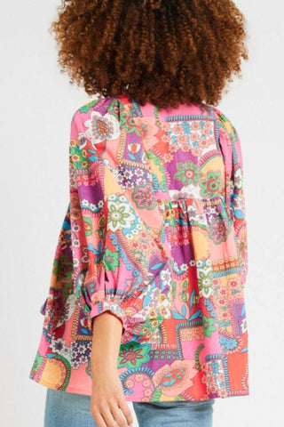 Printed Tie Neck Three-Quarter Sleeve Blouse - Just Believe Boutique