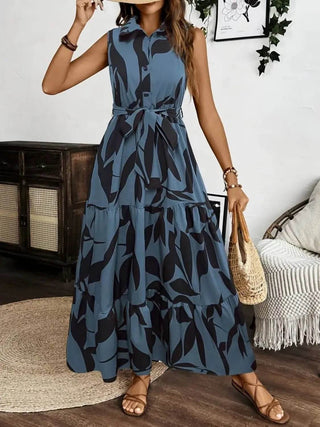 Printed Tie Waist Sleeveless Maxi Dress - Just Believe Boutique