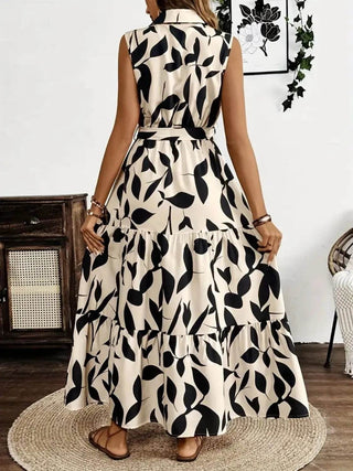 Printed Tie Waist Sleeveless Maxi Dress - Just Believe Boutique