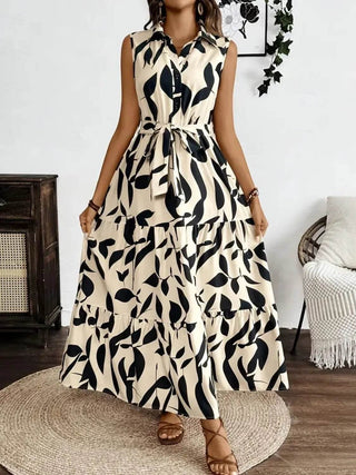 Printed Tie Waist Sleeveless Maxi Dress - Just Believe Boutique