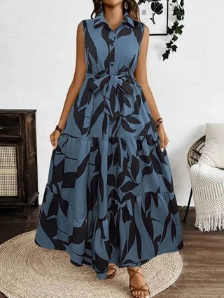 Printed Tie Waist Sleeveless Maxi Dress - Just Believe Boutique