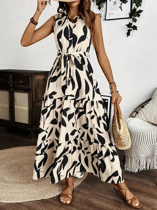 Printed Tie Waist Sleeveless Maxi Dress - Just Believe Boutique