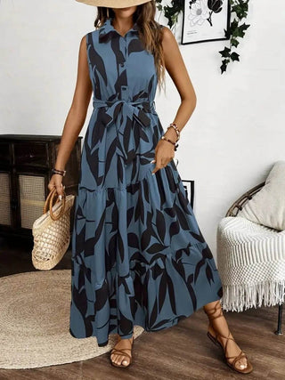 Printed Tie Waist Sleeveless Maxi Dress - Just Believe Boutique