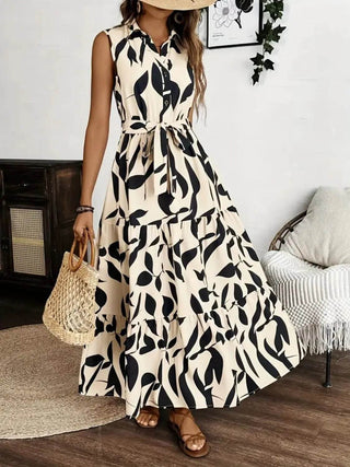 Printed Tie Waist Sleeveless Maxi Dress - Just Believe Boutique