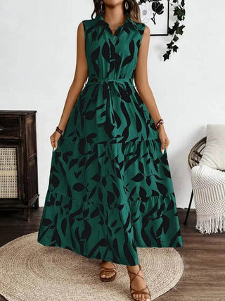 Printed Tie Waist Sleeveless Maxi Dress - Just Believe Boutique